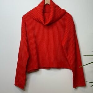 Poof Apparel | Red Ribbed Drop Shoulder Rolled Cuffs Knit Cowl-neck Turtleneck L